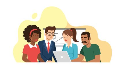 Diverse business team collaborating on a laptop, reviewing marketing data for a new mobile app landing page design, flat style illustration.