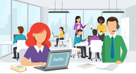 A vibrant illustration showcases a modern office environment with diverse employees engaged in various business activities, ideal for marketing and corporate materials.