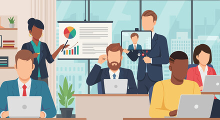 A diverse team of business professionals collaborates in a modern office, engaged in a presentation and video conference, depicted in a contemporary flat design.