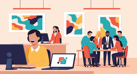 A modern, flat design illustration depicts a diverse team collaborating in a bright, open office space, suitable for a corporate website landing page and marketing materials.