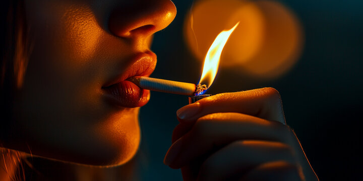 close up of a woman lighting a cigarette with lighter in warm evening light - concept of tobacco addiction and its harmful impact on health - Powered by Adobe