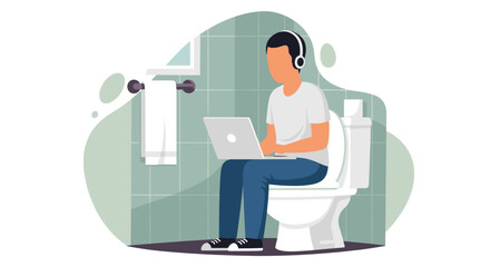 A humorous flat design illustration depicts a man wearing headphones and working on his laptop while sitting on a toilet, symbolizing modern remote work flexibility.