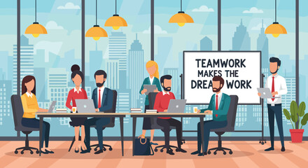 Diverse team collaborating in a modern office setting, discussing strategy on a whiteboard with a motivational teamwork message.