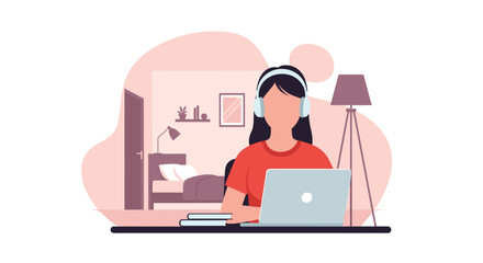 A young woman wearing headphones works remotely on her laptop at a desk in a cozy bedroom, illustrating the concept of remote work and work-life balance.