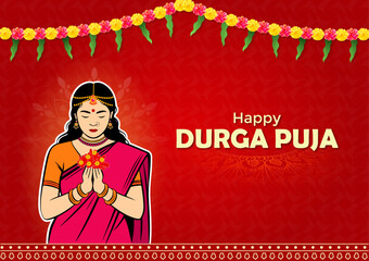  Happy Durga Puja with Goddess Indian Bengali Woman Illustration Traditional Decorations Vector Illustration