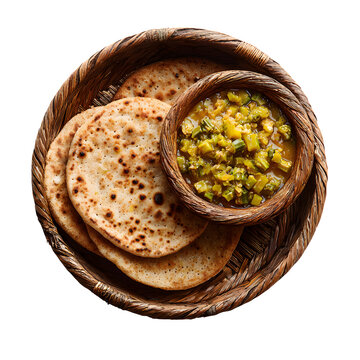 Sudanese kisra sorghum flatbread with okra stew in woven basket dish, isolated on a white background