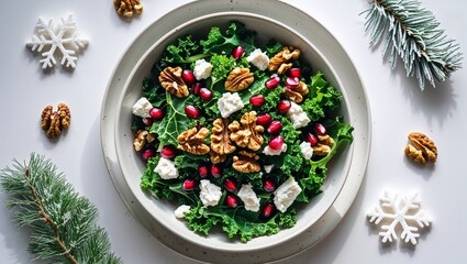 Savor a festive winter salad featuring kale, pomegranate seeds, walnuts, and feta cheese, adorned with snowflake decorations, ideal for holiday meals