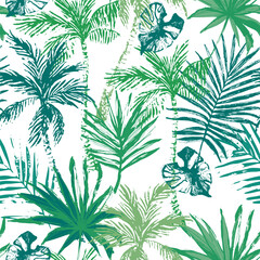Simple grunge palms, hand drawn tropical leaves seamless pattern. Green tropical background. Summer vector illustration for fabric design, swimwear, wallpaper, nature print with palm trees, leaves