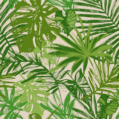 Hand drawn tropical leaves background in greenery colors. Green palm monstera leaf seamless pattern. Summer vector illustration for art paper, fabric design, swimwear, wallpaper