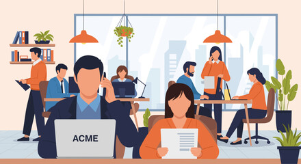 Modern business professionals are actively engaged in a dynamic open-plan office setting, depicted with a clean flat design illustration style.