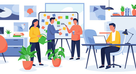 Modern business professionals collaborate and brainstorm ideas on a whiteboard in a vibrant office, depicted in a clean flat design illustration style.