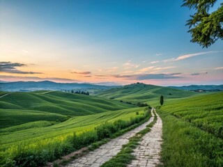 Naklejka premium Rolling green hills and winding path under a sunset sky