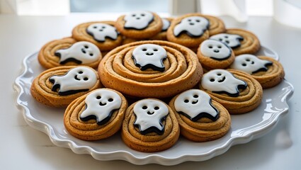 Obraz premium Discover a delightful Halloween treat with these adorable ghost-shaped cookies arranged on a festive plate