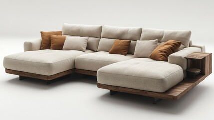 Modern sectional sofa with chaise, wood base, and pillows on white background