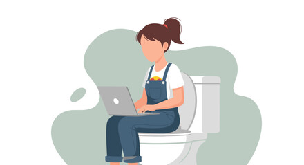 Modern flat design illustration of a woman working on a laptop while sitting on a toilet, symbolizing remote work or multitasking.