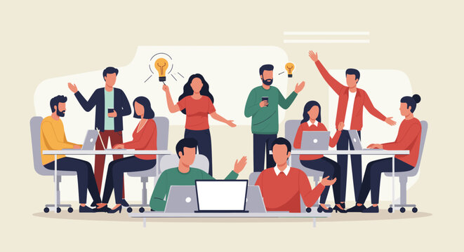 Diverse team of professionals collaborating on innovative ideas in a modern office setting, showcasing teamwork and creativity for business.