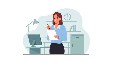 A thoughtful businesswoman in a modern flat design illustration is diligently working at her office desk, holding a pen and paper.