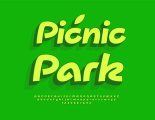 Vector Green logo Picnic Park. Handwritten 3D Font. Stylish Alphabet Letters and Numbers set