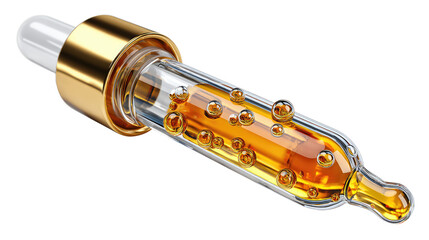 Serum Dropper: An up-close look at a clear serum dropper, with a golden cap filled with rich amber liquid. Capturing the essence of care and health.
