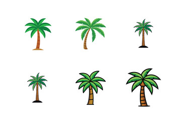 Naklejka premium Cartoon Palm Tree Collection – Tropical Vector Set of Stylized Icons for Summer, Beach, and Travel Themes