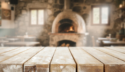 Wooden table with copy space with background of rustic interior of old italian pizzeria with...