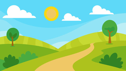 Obraz premium Sunny cartoon countryside with long path vector illustration