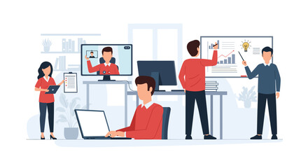 Modern flat design illustration of a business team collaborating on a project, presenting data, and engaging in online meetings.
