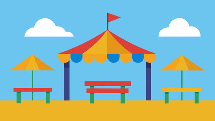 Amusement park picnic area with benches vector illustration