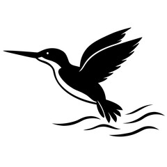 Silhouette of a kingfisher diving into water on white background