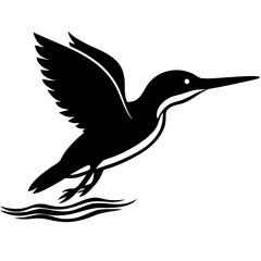 Silhouette of a kingfisher diving into water on white background
