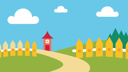 Fototapeta premium Whimsical fence path along cartoon town wall vector illustration