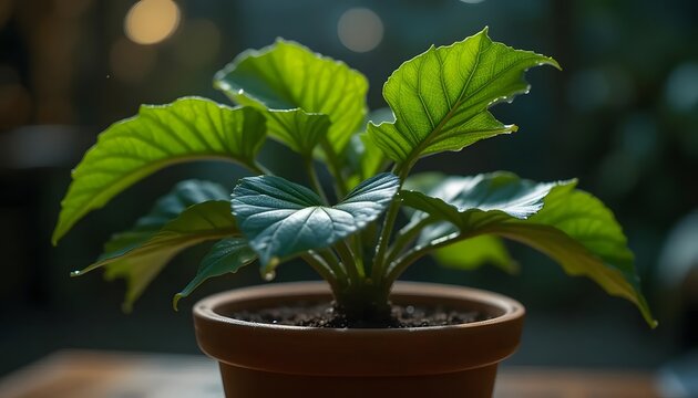 Lush green plant in a terracotta pot with veined leaves, sunlight, blurred background