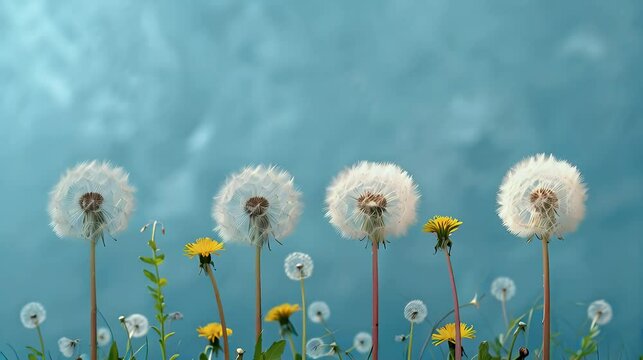 Four dandelions on blue background.
