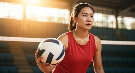 Focused Asian Volleyball Player in Red Ready to Serve the Ball with Sunlight Streaming Through the Net during a Competitive Match