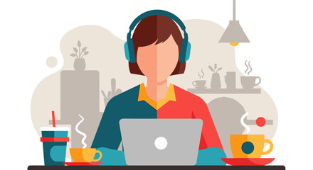 Modern flat design illustration of a person wearing headphones working on a laptop with coffee, ideal for web and marketing.