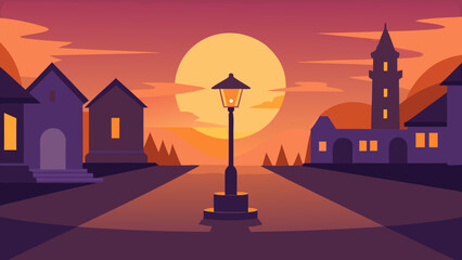 Naklejka premium Town square at sunrise with warm magical glow vector illustration