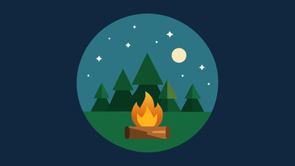 Flat cartoon forest campfire site with logs arranged in a circle