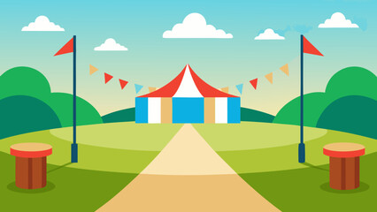 Bright cartoon festival grounds with empty booths, string lights, clean pathway, and colorful flags vector illustration