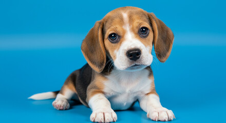 Adorable beagle puppy lying down on a blue background captures a precious moment of canine innocence and playful exploration of the world