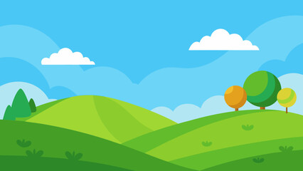 Obraz premium Cartoon meadow with rolling green hills under blue sky vector