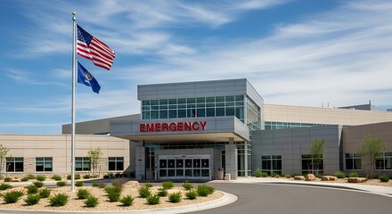 Fototapeta premium The modern exterior of a hospital emergency entrance, featuring an american flag and a state flag, under a bright blue sky with fluffy clouds