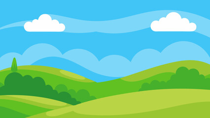 Cartoon meadow with rolling green hills under blue sky vector