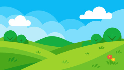 Cartoon meadow with rolling green hills under blue sky vector © Anzali Rani
