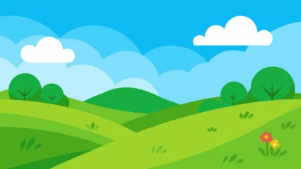 Fototapeten Lindgrün Cartoon meadow with rolling green hills under blue sky vector  © Anzali Rani