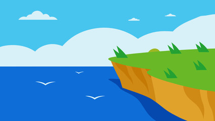 Seaside cliff in summer with waves crashing below, grassy hills above, and seagulls flying in blue sky vector illustration