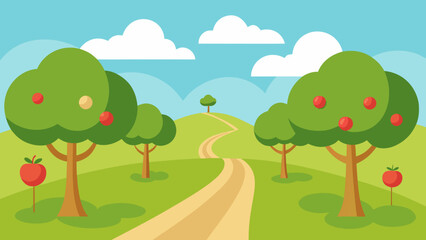 Fototapeta premium orchard path with flat trees in distance clear sky and rolling green grass hills