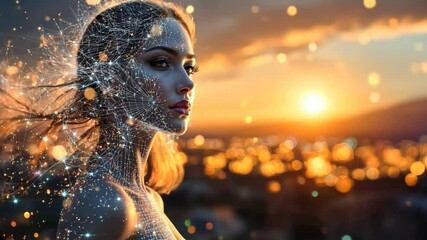 Artificial intelligence generating human-like text or creating art. Concept embodied by fantasy woman posing by cityscape. Neural networks painted on naked skin. - Powered by Adobe