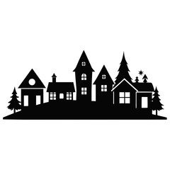 Naklejka premium A holiday village scene in vector silhouette on white background