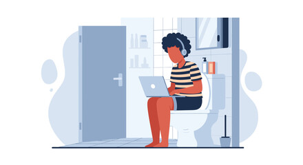 A modern flat illustration of a young professional working remotely from home, using a laptop while sitting on the toilet, showcasing the new work environment.