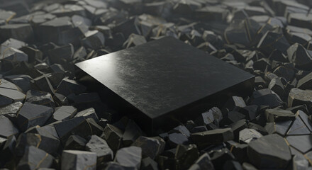Monolithic black cube on fractured stones showcases contrasting textures and minimalist design, evoking mystery and modern aesthetics, ideal for conceptual visuals